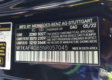 2022 Mercedes-Benz C 300 Sedan из США, поврежденный, VIN W1KAF4GB5NR057045